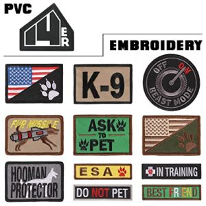 14er Tactical K9 Unit Dog Patches (12-Pack) | Embroidered Service Animal, Ask to Pet, Do Not Pet, Therapy Dog In Training | ESA Hook and Loop Patches for Dog Vest, Military Harness, Collar and Leashes