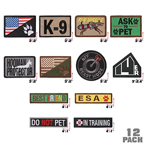 14er Tactical K9 Unit Dog Patches (12-Pack) | Embroidered Service Animal, Ask to Pet, Do Not Pet, Therapy Dog In Training | ESA Hook and Loop Patches for Dog Vest, Military Harness, Collar and Leashes