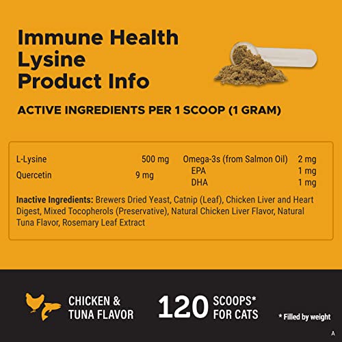 PetHonesty Immune Health Lysine - Supplement Powder for Cats - Immune Health, Cat Allergy Relief - Sneezing, Runny Nose, Watery Eyes - Cats & Kittens of All Ages - Omega 3s, L-Lysine - Chicken & Fish