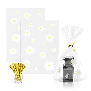soug 100pcs gusseted cellophane bags little white daisy cookie bags (size 5.9"x9"x2" with gold twist ties, best gusset bag for presenting packaged treats, candy, popcorn etc.
