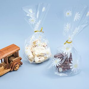 souG 100pcs Gusseted cellophane Bags Little White Daisy Cookie Bags (Size 5.9"x9"x2" with Gold Twist Ties, Best Gusset Bag for Presenting Packaged Treats, Candy, Popcorn etc.