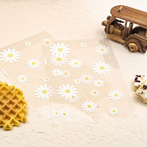 souG 100pcs Gusseted cellophane Bags Little White Daisy Cookie Bags (Size 5.9"x9"x2" with Gold Twist Ties, Best Gusset Bag for Presenting Packaged Treats, Candy, Popcorn etc.