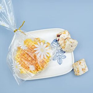 souG 100pcs Gusseted cellophane Bags Little White Daisy Cookie Bags (Size 5.9"x9"x2" with Gold Twist Ties, Best Gusset Bag for Presenting Packaged Treats, Candy, Popcorn etc.