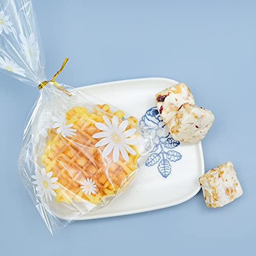 souG 100pcs Gusseted cellophane Bags Little White Daisy Cookie Bags (Size 5.9"x9"x2" with Gold Twist Ties, Best Gusset Bag for Presenting Packaged Treats, Candy, Popcorn etc.