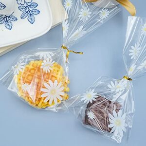 souG 100pcs Gusseted cellophane Bags Little White Daisy Cookie Bags (Size 5.9"x9"x2" with Gold Twist Ties, Best Gusset Bag for Presenting Packaged Treats, Candy, Popcorn etc.