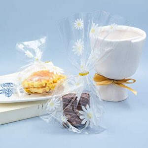 souG 100pcs Gusseted cellophane Bags Little White Daisy Cookie Bags (Size 5.9"x9"x2" with Gold Twist Ties, Best Gusset Bag for Presenting Packaged Treats, Candy, Popcorn etc.