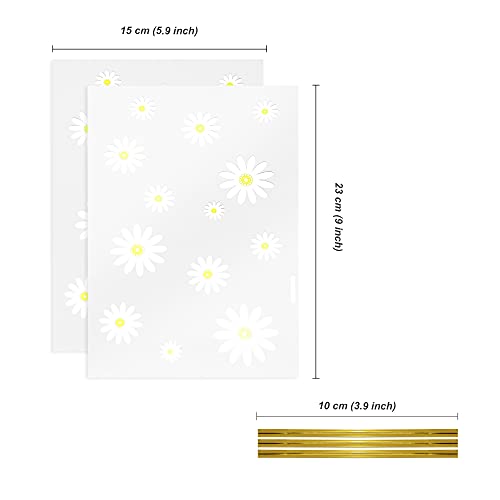 souG 100pcs Gusseted cellophane Bags Little White Daisy Cookie Bags (Size 5.9"x9"x2" with Gold Twist Ties, Best Gusset Bag for Presenting Packaged Treats, Candy, Popcorn etc.