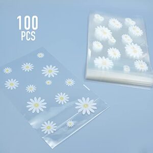 souG 100pcs Gusseted cellophane Bags Little White Daisy Cookie Bags (Size 5.9"x9"x2" with Gold Twist Ties, Best Gusset Bag for Presenting Packaged Treats, Candy, Popcorn etc.