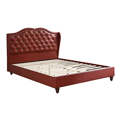 Faux Leather Upholstered Queen Size Bed, Burgundy