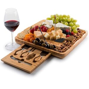 bamboo cheese board set - premium cheeseboard gift set - includes 4 cheese knives & 10 cheese forks- charcuterie board set, fruit, cured meat serving platter with drawer- ideal for parties & events