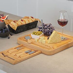 Bamboo Cheese Board Set - Premium Cheeseboard Gift Set - Includes 4 Cheese Knives & 10 Cheese Forks- charcuterie board set, Fruit, Cured Meat Serving Platter With Drawer- Ideal For Parties & Events