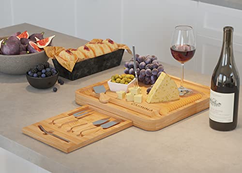 Bamboo Cheese Board Set - Premium Cheeseboard Gift Set - Includes 4 Cheese Knives & 10 Cheese Forks- charcuterie board set, Fruit, Cured Meat Serving Platter With Drawer- Ideal For Parties & Events