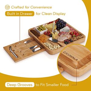 Bamboo Cheese Board Set - Premium Cheeseboard Gift Set - Includes 4 Cheese Knives & 10 Cheese Forks- charcuterie board set, Fruit, Cured Meat Serving Platter With Drawer- Ideal For Parties & Events