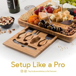 Bamboo Cheese Board Set - Premium Cheeseboard Gift Set - Includes 4 Cheese Knives & 10 Cheese Forks- charcuterie board set, Fruit, Cured Meat Serving Platter With Drawer- Ideal For Parties & Events