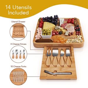 Bamboo Cheese Board Set - Premium Cheeseboard Gift Set - Includes 4 Cheese Knives & 10 Cheese Forks- charcuterie board set, Fruit, Cured Meat Serving Platter With Drawer- Ideal For Parties & Events