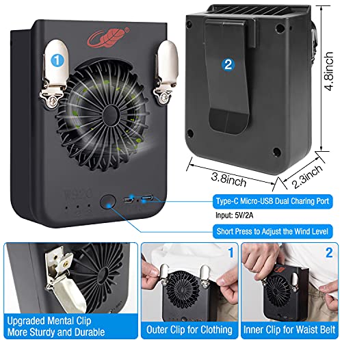 2023 FW Portable Waist Clip Fan / Necklace fan, 8000Mah Battery Operated USB Cooling Fan with 3 Speed, Super Strong Airflow Waist Belt Fan / Pants Fan for Fishing,Cycling,Travel and Outdoor (Black)