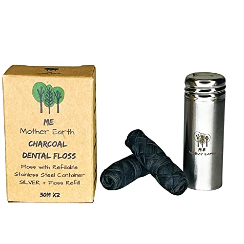 Vegan Biodegradable Bamboo Charcoal Dental Floss with Refillable Stainless Steel Container | 33yds x2 | Extra Floss Refill | Natural Candelilla Wax | Peppermint | Eco Zero Waste Oral Care