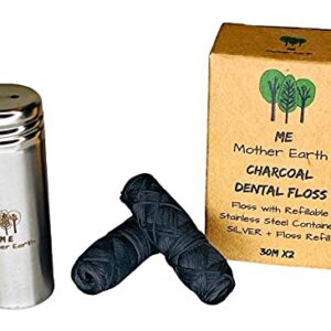 Vegan Biodegradable Bamboo Charcoal Dental Floss with Refillable Stainless Steel Container | 33yds x2 | Extra Floss Refill | Natural Candelilla Wax | Peppermint | Eco Zero Waste Oral Care