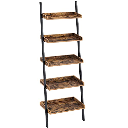 Rolanstar Bookshelf 5-Tier, Open Wall Mount Ladder Bookshelf, 72.8’’H Industrial Etagere Bookcase, Freestanding Bathroom Storage Rack Plant Stand for Living Room, Bedroom, Office, Rustic Brown