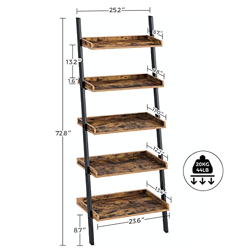 Rolanstar Bookshelf 5-Tier, Open Wall Mount Ladder Bookshelf, 72.8’’H Industrial Etagere Bookcase, Freestanding Bathroom Storage Rack Plant Stand for Living Room, Bedroom, Office, Rustic Brown