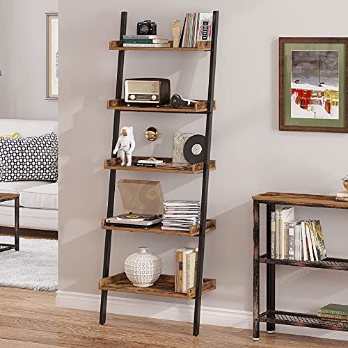 Rolanstar Bookshelf 5-Tier, Open Wall Mount Ladder Bookshelf, 72.8’’H Industrial Etagere Bookcase, Freestanding Bathroom Storage Rack Plant Stand for Living Room, Bedroom, Office, Rustic Brown