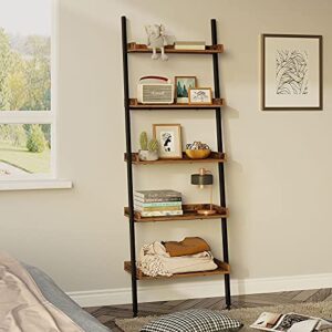 Rolanstar Bookshelf 5-Tier, Open Wall Mount Ladder Bookshelf, 72.8’’H Industrial Etagere Bookcase, Freestanding Bathroom Storage Rack Plant Stand for Living Room, Bedroom, Office, Rustic Brown