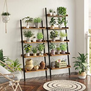 Rolanstar Bookshelf 5-Tier, Open Wall Mount Ladder Bookshelf, 72.8’’H Industrial Etagere Bookcase, Freestanding Bathroom Storage Rack Plant Stand for Living Room, Bedroom, Office, Rustic Brown