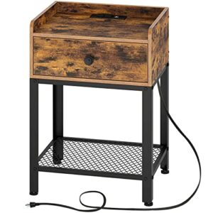 rolanstar nightstand with charging station and usb ports, rustic end table with drawer and metal shelf for bedroom, living room, rustic brown