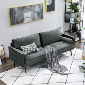 vonanda velvet sofa couch, mid century modern craftsmanship 73 inch 3-seater sofa with high-density sponge comfy soft cushions and 2 bolster pillows for compact living room, grey
