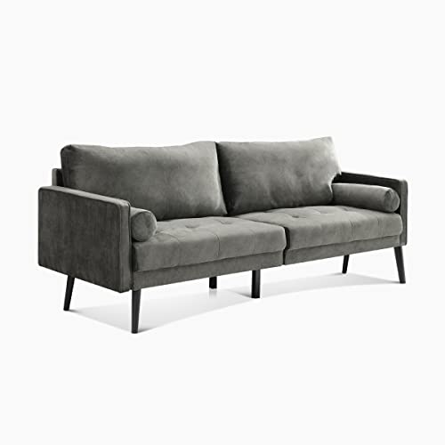 Vonanda Velvet Sofa Couch, Mid Century Modern Craftsmanship 73 inch 3-Seater Sofa with High-Density Sponge Comfy Soft Cushions and 2 Bolster Pillows for Compact Living Room, Grey