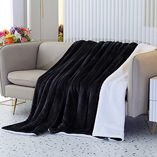 SOCHOW Waffle Sherpa Fleece Throw Blanket, Super Soft Fuzzy Warm, Lightweight Fluffy Reversible Plush Blanket for Bed Sofa Couch, 60 x 80 Inches Black