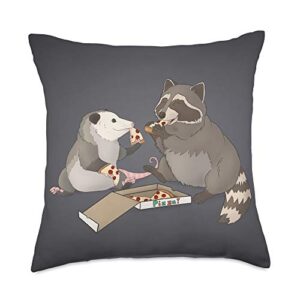 raccoon and possum wildlife pals possum and raccoon eating pizza throw pillow, 18x18, multicolor