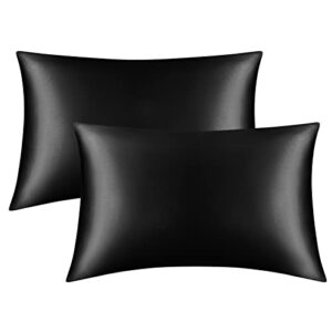 satin pillowcase for hair and skin, set of 2 black silk pillowcase satin pillowcase with envelope closure(black,20x30 inches)