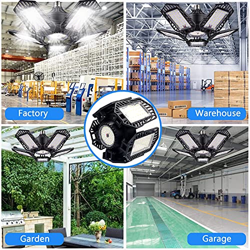 LED Garage Lights 2 Pack, 150W Deformable Led Garage Ceiling Lights with 5+1 Multi-Position Panels, 15000LM Super Bright E26/E27 LED Shop Light for Workshop,Basements,Garage