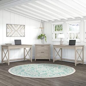 bush furniture key west 2 person desk set with lateral file cabinet in linen white oak
