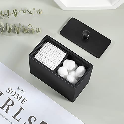 Luxspire Cotton Swab Holder, Resin Cotton Ball Canister with Lid, 2 Compartments Dispenser Storage Box Cosmetics Countertop Organizer Containers for Cotton Pads, Rounds - Matte Black