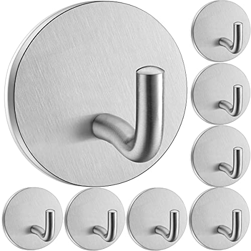 Heavy Duty Self Adhesive Hooks 8 Pack Bathroom Towel Hook Without Nails Metal Sticky Hooks for Hanging Coat Clothes Shower Hat, Stick on Wall Closet Kitchen Hooks, Durable, Stainless Steel