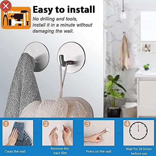 Heavy Duty Self Adhesive Hooks 8 Pack Bathroom Towel Hook Without Nails Metal Sticky Hooks for Hanging Coat Clothes Shower Hat, Stick on Wall Closet Kitchen Hooks, Durable, Stainless Steel