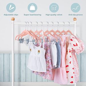 IEOKE Baby Velvet Hangers with Clips, 20 Pack Kids Hangers Non Slip Pants Hangers for Kids Skirt Pants and Baby Clothes Coat Ultra Thin Space Saving Felt Hangers with Adjustable Clips(20, Pink)