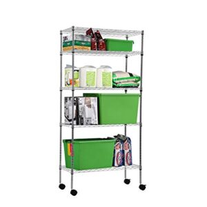 metal shelves 5-tier wire shelving unit 30" lx 14" wx 60" h heavy duty storage shelves with casters adjustable layer rack for restaurant garage kitchen laundry pantry storage space-saving, chrome