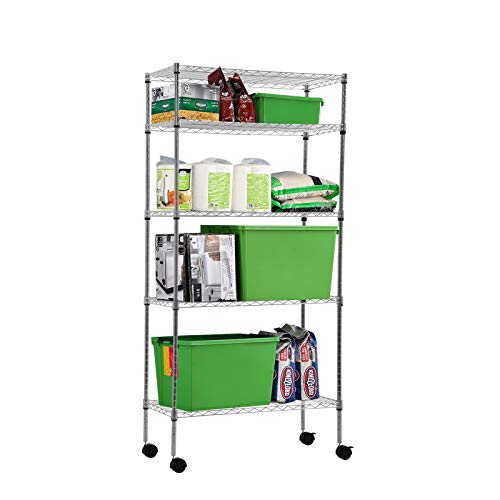 Metal Shelves 5-Tier Wire Shelving Unit 30" Lx 14" Wx 60" H Heavy Duty Storage Shelves with Casters Adjustable Layer Rack for Restaurant Garage Kitchen Laundry Pantry Storage Space-Saving, Chrome