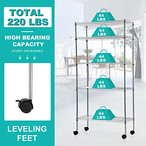 Metal Shelves 5-Tier Wire Shelving Unit 30" Lx 14" Wx 60" H Heavy Duty Storage Shelves with Casters Adjustable Layer Rack for Restaurant Garage Kitchen Laundry Pantry Storage Space-Saving, Chrome