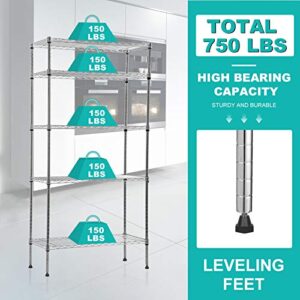 Metal Shelves 5-Tier Wire Shelving Unit 30" Lx 14" Wx 60" H Heavy Duty Storage Shelves with Casters Adjustable Layer Rack for Restaurant Garage Kitchen Laundry Pantry Storage Space-Saving, Chrome