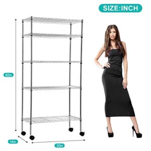 Metal Shelves 5-Tier Wire Shelving Unit 30" Lx 14" Wx 60" H Heavy Duty Storage Shelves with Casters Adjustable Layer Rack for Restaurant Garage Kitchen Laundry Pantry Storage Space-Saving, Chrome