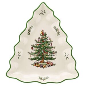 spode christmas tree collection tree shaped dish, 10-inch, made of porcelain, serving dishes, christmas tree design, green/beige, dishwasher and microwave safe