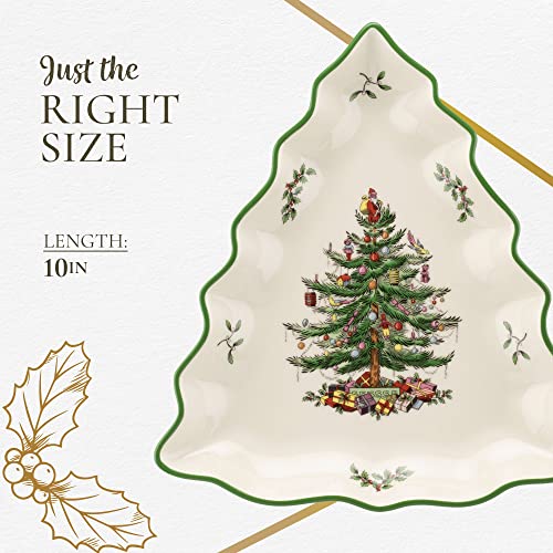 Spode Christmas Tree Collection Tree Shaped Dish, 10-Inch, Made of Porcelain, Serving Dishes, Christmas Tree Design, Green/Beige, Dishwasher and Microwave Safe