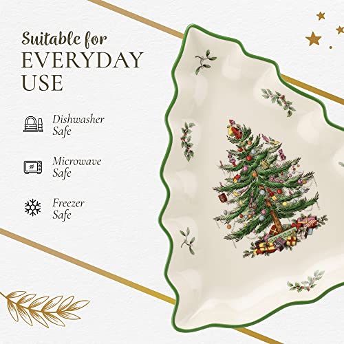 Spode Christmas Tree Collection Tree Shaped Dish, 10-Inch, Made of Porcelain, Serving Dishes, Christmas Tree Design, Green/Beige, Dishwasher and Microwave Safe