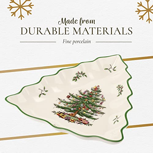 Spode Christmas Tree Collection Tree Shaped Dish, 10-Inch, Made of Porcelain, Serving Dishes, Christmas Tree Design, Green/Beige, Dishwasher and Microwave Safe