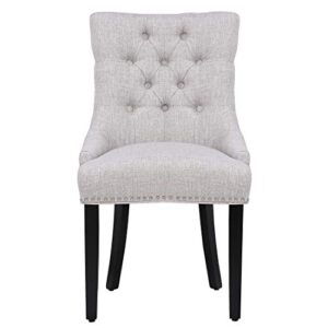 wo linen fabric upholstered wingback button tufted dining chair, light gray