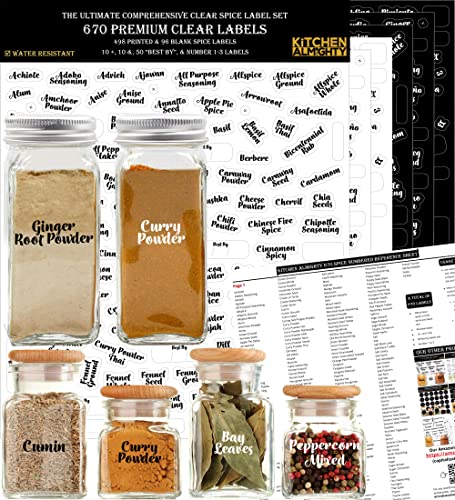 670 Labels: 498 Spice Names + 96 Blank Labels | Most Bold Cursive Preprinted Black & White Letters Label Set | Alphabetized Spice Label System by KITCHEN ALMIGHTY | Spice Jar Labels Spice Organization